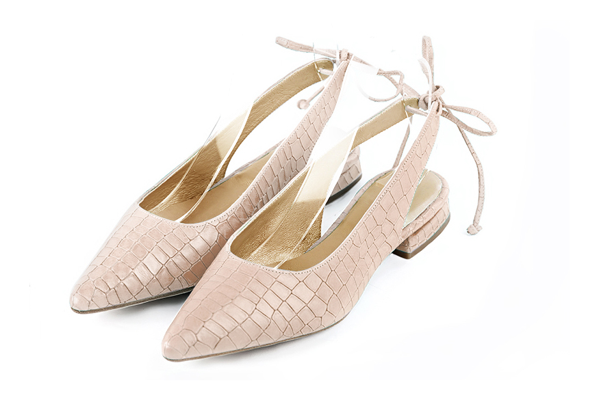 Women's powder pink elegant slingback heels. Pointed toe. Flat flare heels - Front view